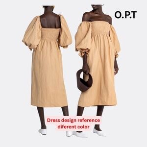 O.P.T Athena Puff Sleeve Smocked Bodice Midi Dress – Size S – Clay Brown